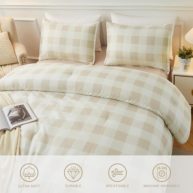 Andency Beige Grid Comforter Set Full Size (79x90 Inch), 3 Pieces(1 Grid Comforter and 2 Pillowcases), Summer Lightweight Microfiber Down Alternative Beige Comforter