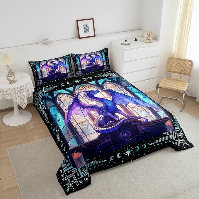 Feelyou Dragon Comforter Set King Size Comforter for Boys Girls Teens Modern Bedding Set Dragon Decor Duvet Set Room Decor Purple Quilt Set