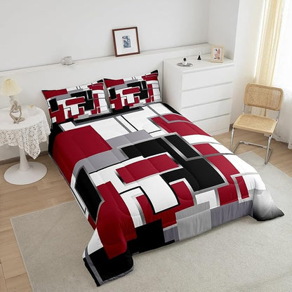 Erosebridal Modern Comforter Set Full Size,Black White Red Bedding Set for Teens Youth Adult,Geometric Plaid Square Quilt Set,Contemporary Artwork Duvet Insert with 2 Pillowcases