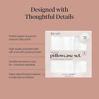 Kitsch Satin Pillowcase with Zipper for Hair & Skin - Softer Than Silk Pillow Cases, Smooth Cooling Satin Pillow Case, Wrinkle-Free, Machine Washable - King Size Satin Pillow Case (19x36), Ivory 2pcs