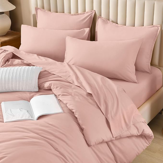 Litanika Comforter California King Size Set Blush Pink - 7 Pieces Bed in a Bag California King Bedding Comforter Sets, Plain Lightweight Bed Set with Comforter, Sheets, Pillowcases & Shams