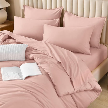 Litanika Comforter Full Size Set Blush Pink - 7 Pieces Bed in a Bag Full Bedding Comforter Sets, Plain Lightweight Bed Set with Comforter, Sheets, Pillowcases & Shams