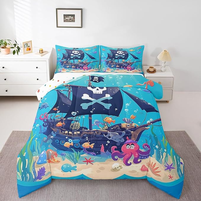 Castle Fairy Cartoon Pirate Boat Comforter Set King Size Cute Octopus Ocean Fish Bedding Set Bedroom Decor Funny Undersea World Quilt Set for Kids Boys Girls Watercolor Seaweed Duvet Insert 3Pcs