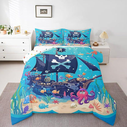 Castle Fairy Cartoon Pirate Boat Comforter Set Full Size Cute Octopus Ocean Fish Bedding Set Bedroom Decor Funny Undersea World Quilt Set for Kids Boys Girls Watercolor Seaweed Duvet Insert 3Pcs