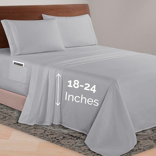 Elegant Comfort Luxurious 1500 Premium Hotel Quality Microfiber 4-Piece Sheet Set, 18-24 Inches Deep - Extra Deep Pocket Sheets - Ultra Soft 4PC Deep Pocket Sheets, Queen, Silver Gray