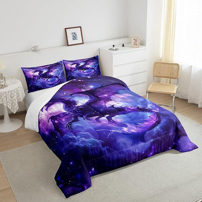 Dragon Comforter Set King Size,Magical Animals Bedding Set 3Pcs,Kids Girls Boys Teens Room Decor,Outer Space Starry Sky Quilt Set Purple Western Wildlife Theme Duvet Insert,2 Pillowcases