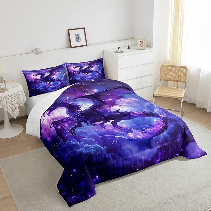 Dragon Comforter Set Full Size,Magical Animals Bedding Set 3Pcs,Kids Girls Boys Teens Home Decor,Outer Space Starry Sky Quilt Set Purple Western Wildlife Theme Duvet Insert,2 Pillowcases