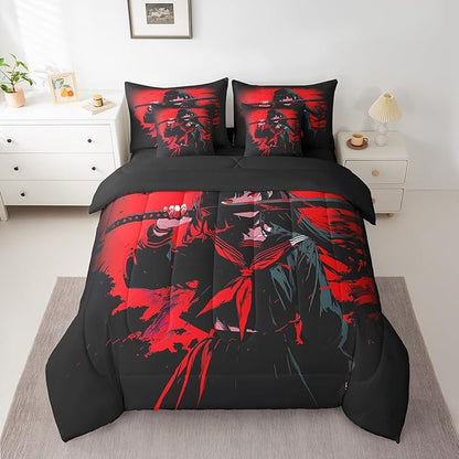 Erosebridal Japanese Anime Bedding Set 7 Piece for Kids, Anime Girl Comforter Sets Queen Size Japanese Girl Sheet Set for Girls Teens Adult, Kawaii Animation Red Black Bed in A Bag, Machine Washable