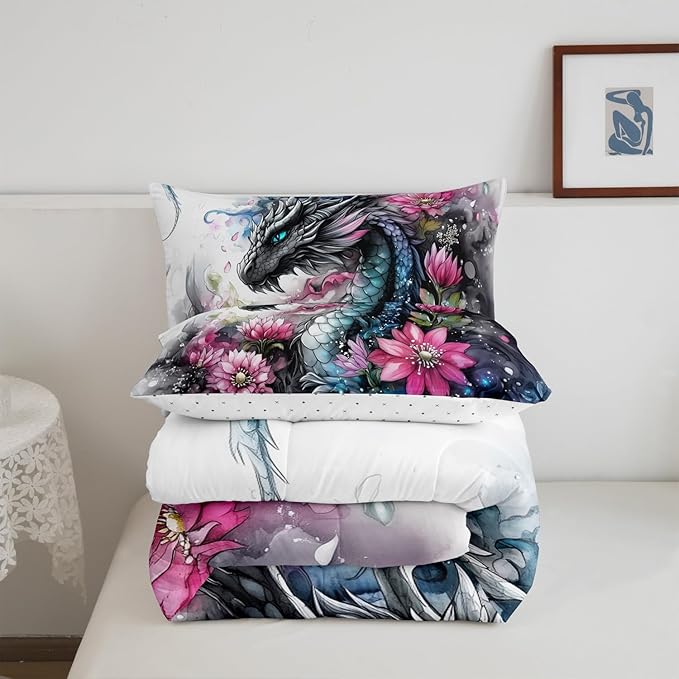 Castle Fairy Retro Flower Ink Wash Painting Comforter Set with 2 Pillowcases,Wild Animals Dragon Super Soft Microfiber Bedding Set for Adults Teens,Chinese Loong Duvet Set for Room Decor,King