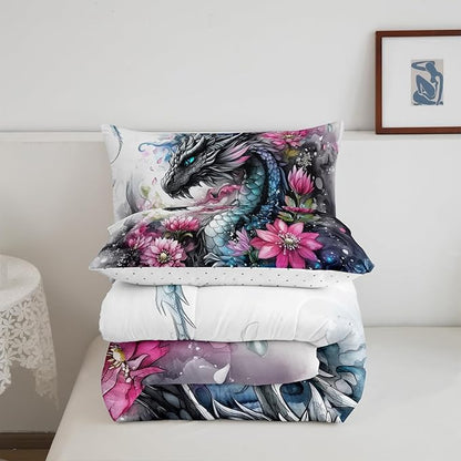 Castle Fairy Chinese Loong 3 Pcs Queen Size Comforter Set,Wild Animals Dragon Down Alternative Adults Room Decor,Retro Flower Ink Wash Painting Ultra Soft Microfiber Inner Fill 3Pcs Bedding