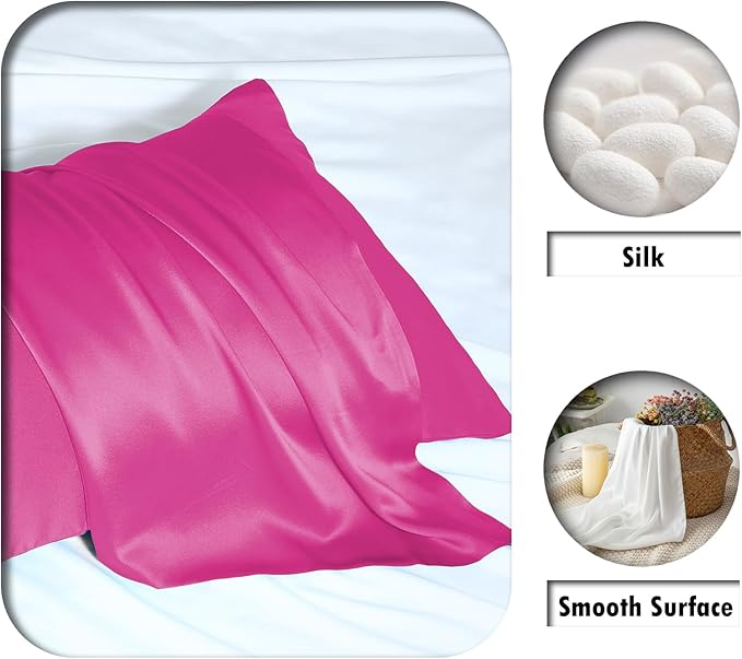 Mulberry Silk Pillowcase for Hair and Skin Pillow Case with Hidden Zipper Soft Breathable Smooth Cooling Silk Pillow Covers for Sleeping (Hot Pink, King,1Pcs)