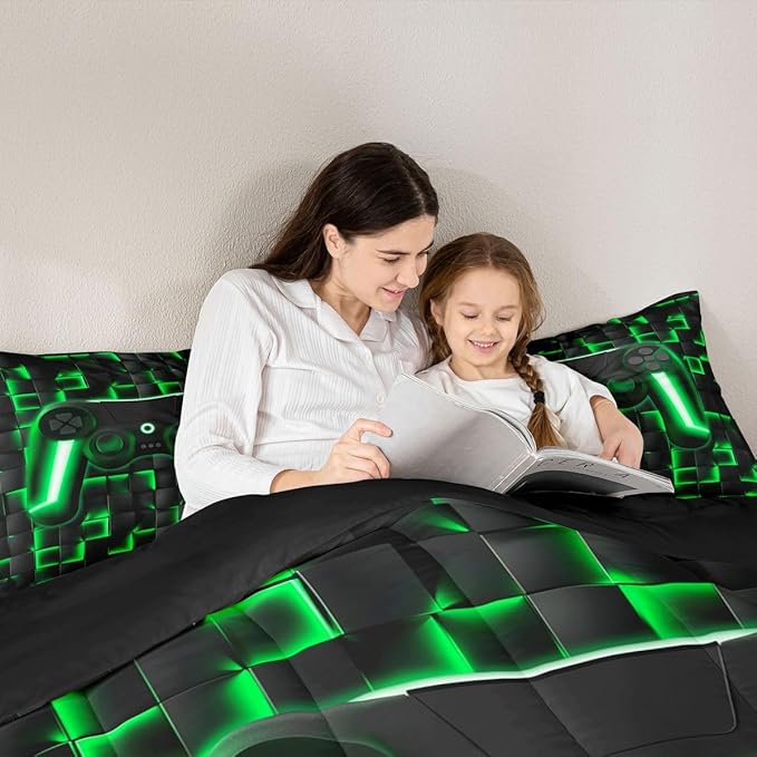 Erosebridal Gamer Comforter Full Bedding Sets for Boys 3D Geometric Gaming Comforter Set for Kids Girls Men,Neon Ombre Checkered Game Console Bed Set Lightweight Quilt Duvet 3 Piece Black Green