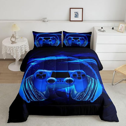 Feelyou Gamer Bedding Set Kids Video Game Gamepad Comforter Set for Boys Teens Gaming Headset Comforter Breathable Blue Game Controller Duvet Set Room Decor Quilt Set Toddler Size
