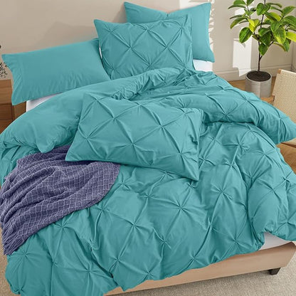 VACVELT 5 Piece Pinch Pleated Duvet Cover California King Size Set, Teal Pintuck Duvet Cover with Zipper & 8 Ties, Soft Microfiber Duvet Cover + 2 Pillow Shams + 2 Pillowcases, No Comforter