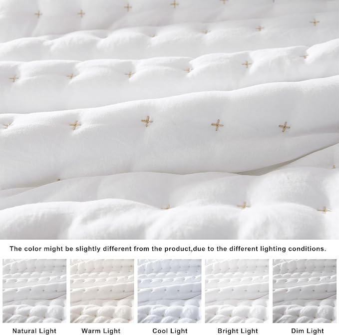 WDCOZY White Queen Size Quilt Bedding Sets with Pillow Shams, Lightweight Soft Bedspread Coverlet, Quilted Blanket Thin Comforter Bed Cover, All Season Summer Spring, 3 Pieces, 90x90 inches
