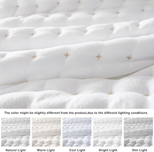 WDCOZY White Queen Size Quilt Bedding Sets with Pillow Shams, Lightweight Soft Bedspread Coverlet, Quilted Blanket Thin Comforter Bed Cover, All Season Summer Spring, 3 Pieces, 90x90 inches