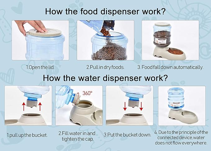 Automatic Cat & Dog Feeder and Water Dispenser Set with Scoop | 1 Gallon Gravity Food Feeder and Waterer Set for Small Medium Puppy and Kitten Pack of 2