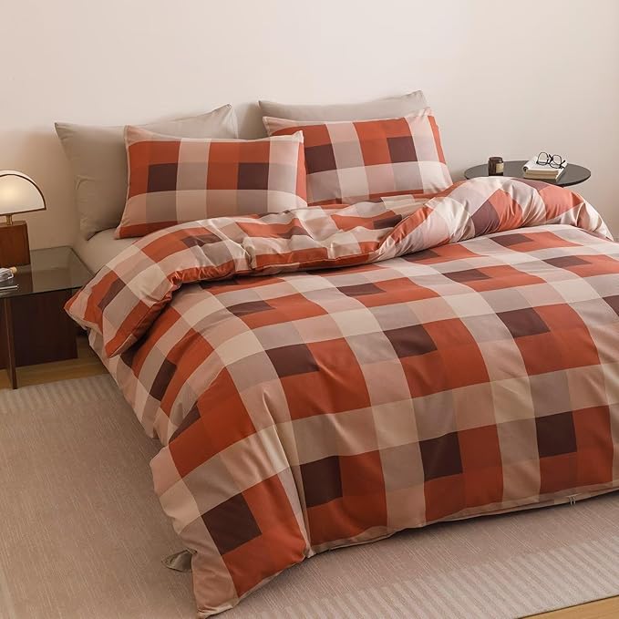 Cottonight Checkered Red Comforter Set Queen Men Gingham Grid Bedding Set Red and Khaki Grid Comforter Fluffy Soft Blanket Quilts Modern Cottagecore Comforter with 2 Pillowcases for Queen Bed