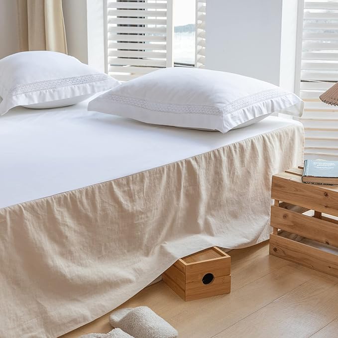 BISELINA French Linen Bed Skirt with Pleated Corner 22-Inch Tailored Drop Natural Flax Cotton Blend Basic Dust Ruffle Soft Cozy Farmhouse Bedding (22" Queen, Basic Linen)