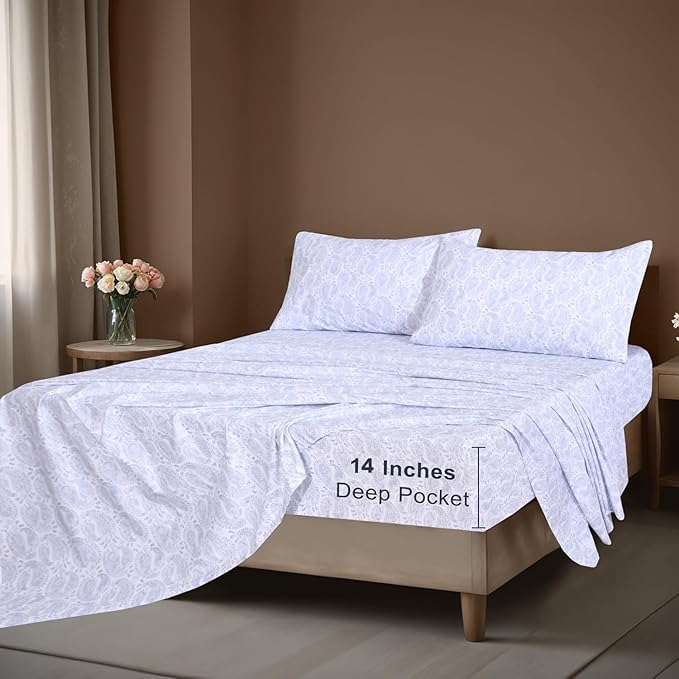 ZOYER 100% Cotton Sheets – California King Percale Bedding, Cooling & Breathable, Durable with a Crisp, Soft & Comfortable Feel, 14" Deep Pocket, 4-Piece Set, Paisley Imprint