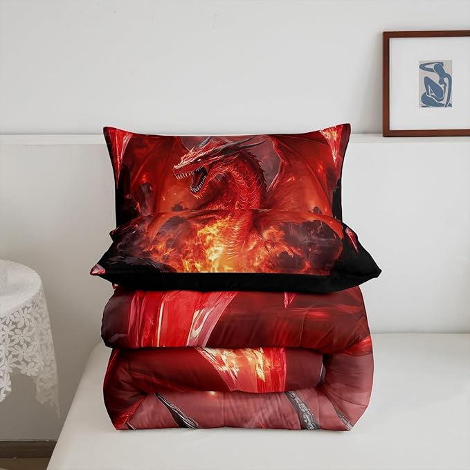 Castle Fairy Dragon Comforter Set,Glowing Flame Dragon Bedding Set for Kids Teens,Wild Animals Cool Magical Style Quilt Set,Duvet Insert 2 Pcs with 1 Pillowcase,Toddler