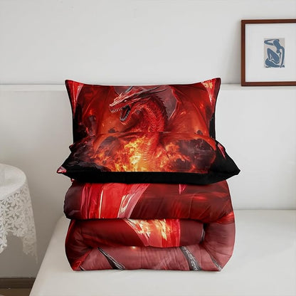 Castle Fairy Dragon Comforter Set,Glowing Flame Dragon Bedding Set for Kids Teens,Wild Animals Cool Magical Style Quilt Set,Duvet Insert 2 Pcs with 1 Pillowcase,Toddler