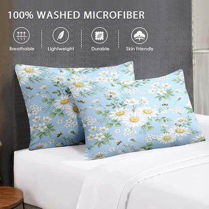 King Size Comforter Set with 2 Pillowcases, Wildflower Daisy Flower Floral Soft 3 Pcs Bedding for Kids and Adults Bedroom Bed Decor