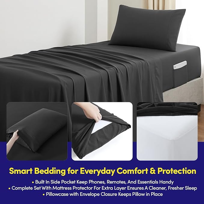 Dorm Room Essentials Twin XL Comforter Set Bedding – College-Ready Bundle with Comforter, Mattress Protector & Sheets with Pockets on the Side & Built-in Corner Strap – Media Pocket for Device