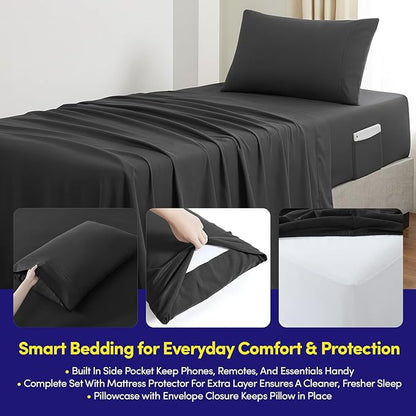 Twin Size Comforter Set Quilted Stripe Bedding Bundle – Comforter, Mattress Protector, Sheets with Pockets on the Side & Built-in Corner Strap – Fitted Sheet Media Pocket for Devices, Black
