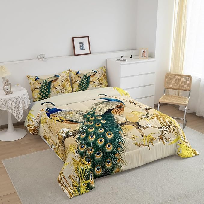 Castle Fairy Vintage Peacock Bedding Set King Size Japanese Style Comforter Set for Kids Teens Room Decor Wild Birds Animal Duvet Insert Golden Leaves Down Comforter Set with 2 Pillowcases