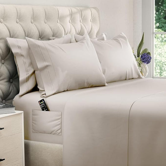 DREAMCARE King Size Sheets Set – 6 pcs Cooling Bed Sheets – up to 15” Deep Pocket King Sheet Set – 2500 Supreme Collection – Extra Soft 100% Brushed Microfiber Hotel Luxury with Side Pocket – Beige