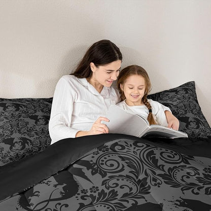 Feelyou Adults Gothic Kids Comforter Set Twin Size Dark Olive Green Damask Bedding Set Dragon Duvet Quilt for Kids Boys Girls Bedroom Decor Microfiber Ultra Soft Breathable