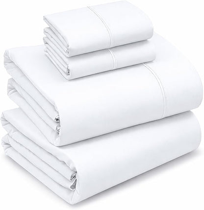 RUVANTI 100% Cotton Sheets – Queen Size Percale Bedding, Cooling & Breathable, Durable with a Crisp, Soft & Comfortable Feel, 16" Deep Pocket, 4-Piece Set, Bright White