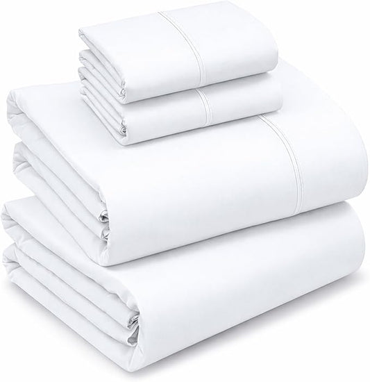 RUVANTI 100% Cotton Sheets – Queen Size Percale Bedding, Cooling & Breathable, Durable with a Crisp, Soft & Comfortable Feel, 16" Deep Pocket, 4-Piece Set, Bright White