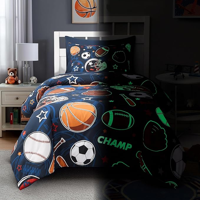 Twin Comforter Set for Boys-5 Pieces Sports Ball Games Glow in the Dark Twin Bedding Sets for Kids, Ultra Soft Bed in A Bag with Sheets