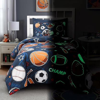 Twin Comforter Set for Boys-5 Pieces Sports Ball Games Glow in the Dark Twin Bedding Sets for Kids, Ultra Soft Bed in A Bag with Sheets