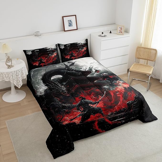 Feelyou Dragon Comforter Set Toddler Size Japanese Style Comforter for Boys Girls Teens Samurai Bedding Set Dragon Decor Duvet Set Room Decor Black Red Quilt Set