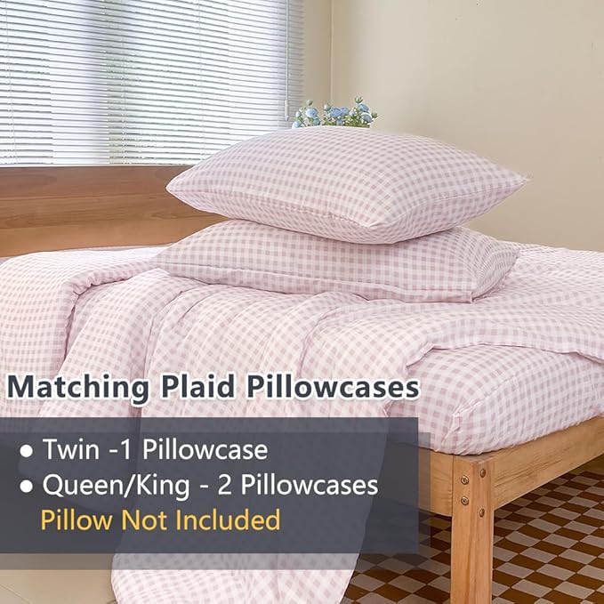 NSNLGSGC Twin Comforter Set, Pink Gingham Bedding Comforter Sets, Pink Grid Bed Comforter 2 Pieces (1 Comforter, 1 Pillowcase)