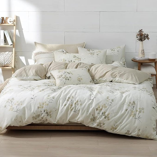Floral Cotton Comforter King Size - Cream Comforter with Luxurious Grey Branches & Subtle Beige Blossoms,Reversible Lightweight Bedding Sets 3Pcs(104"×90")