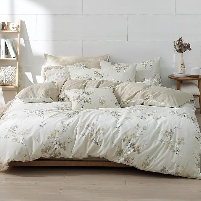 Floral Cotton Comforter Queen Size - Cream Comforter with Luxurious Grey Branches & Subtle Beige Blossoms,Reversible Lightweight Bedding Sets 3Pcs(90"×90")