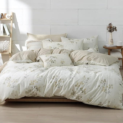 Floral Cotton Comforter Queen Size - Cream Comforter with Luxurious Grey Branches & Subtle Beige Blossoms,Reversible Lightweight Bedding Sets 3Pcs(90"×90")