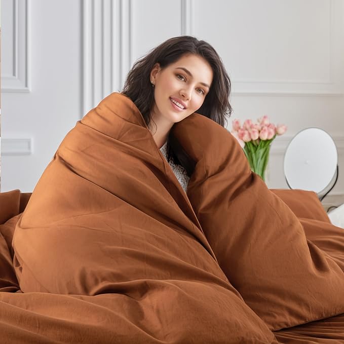 NEXHOME PRO Duvet Cover Set 100% Washed Cotton Full Size Linen Feel Textured Organic Natural 3 Pieces Bedding Set Terracotta Burnt Orange with Zipper Closure, Corner Ties Breathable (No Comforter)