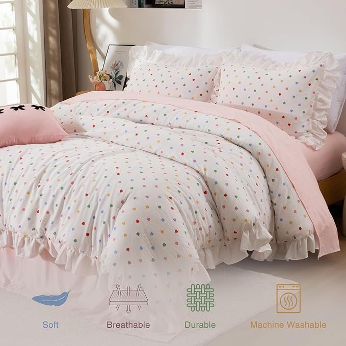 A Nice Night Colorful Heart Love Pattern Bedding Set,Ruffle 6 Piece Bed in a Bag Matching Sheet Set,Princess Chic Style,White Comforter Sets Room Decor for Girls,Queen