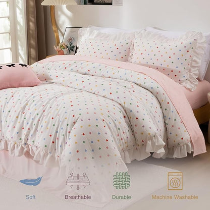 A Nice Night Colorful Heart Love Pattern Bedding Set,Ruffle 6 Piece Bed in a Bag Matching Sheet Set,Princess Chic Style,White Comforter Sets Room Decor for Girls,Queen