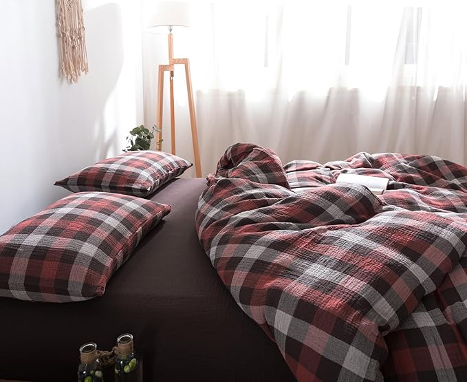 VM VOUGEMARKET Cotton Muslin Duvet Cover Queen Red Plaid Bedding Set Soft Breathable Linen Like Gauze Gingham Comforter Cover with Zipper Closure for Teen Men,90"x90"