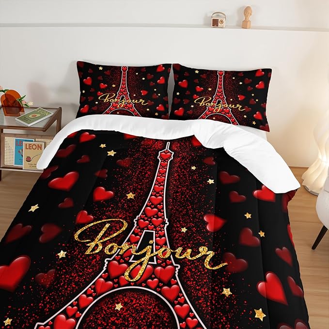 Eiffel Tower Queen Size Comforter Sets,Red Loving Heart Romantic Couple Bedding Set,Paris Bedding Comforter Sets for Women Room Eiffel Tower Decor with 2 Pillowcases.