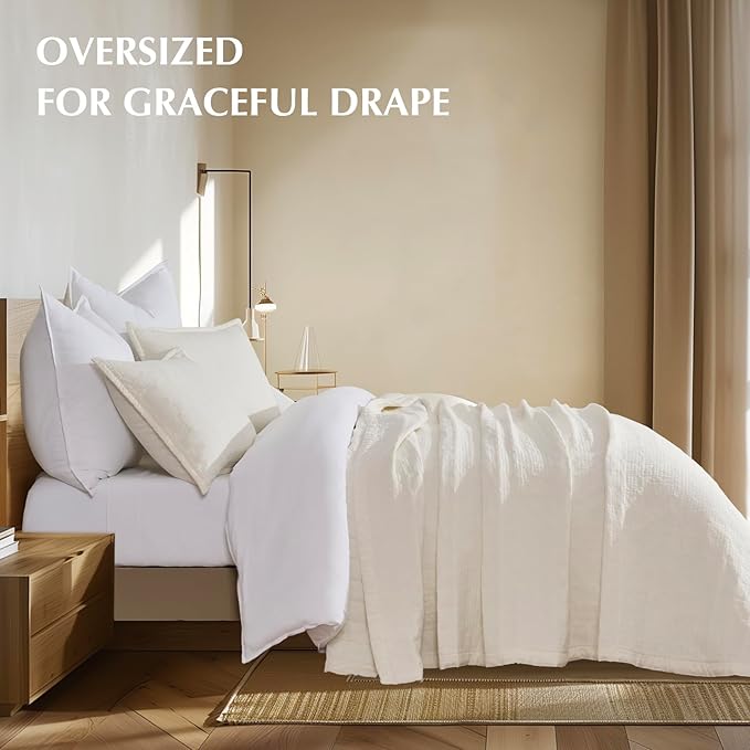 EVERGRACEHOME Stonewashed Quilt Set Full Queen Size, Ultra Soft Oversized Bedspread Coverlet Set, Lightweight Crinkle Box Stitch Bedding Sets for All Season, with 2 Shams, Ivory White