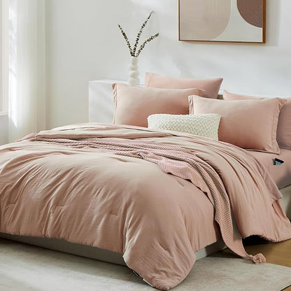 WRENSONGE Queen Comforter Set - 7 Pieces Clay Pink Soft Bed in a Bag Queen with Fitted Sheet, Flat Sheet, 2 Pillow Shams, and 2 Pillowcases- Warm Bedding Sets for All Season