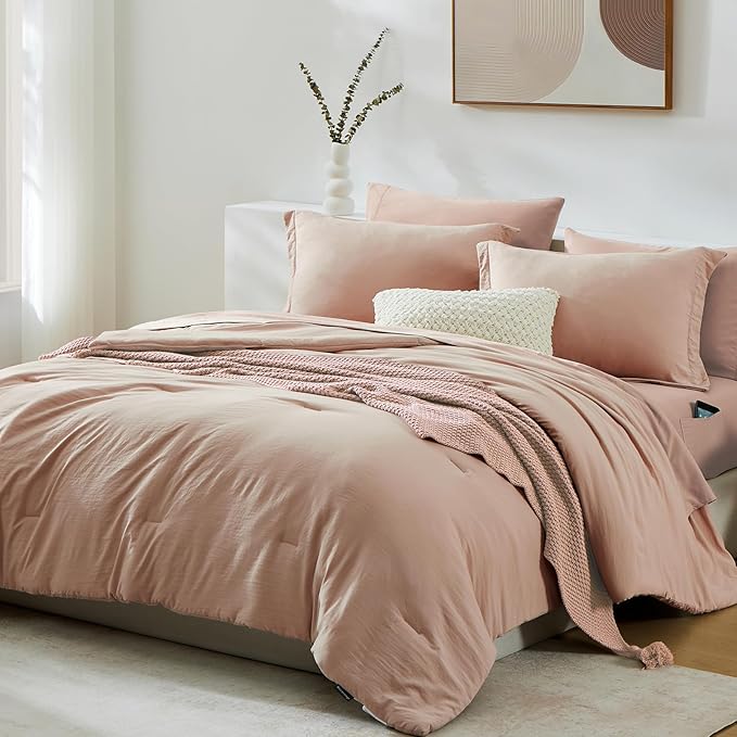 WRENSONGE Full Size Comforter Set- 7 Pieces Clay Pink Bed in a Bag Full Size Comforter with Fitted Sheet, Flat Sheet, 2 Pillow Shams, 2 Pillowcases, Warm Bedding Sets for All Season