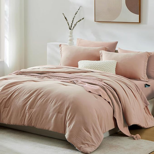 WRENSONGE King Comforter Set, 7 Pieces Clay Pink Soft Bed in a Bag King with Fitted Sheet, Flat Sheet, 2 Pillow Shams, and 2 Pillowcases- Warm Bedding Set for All Season